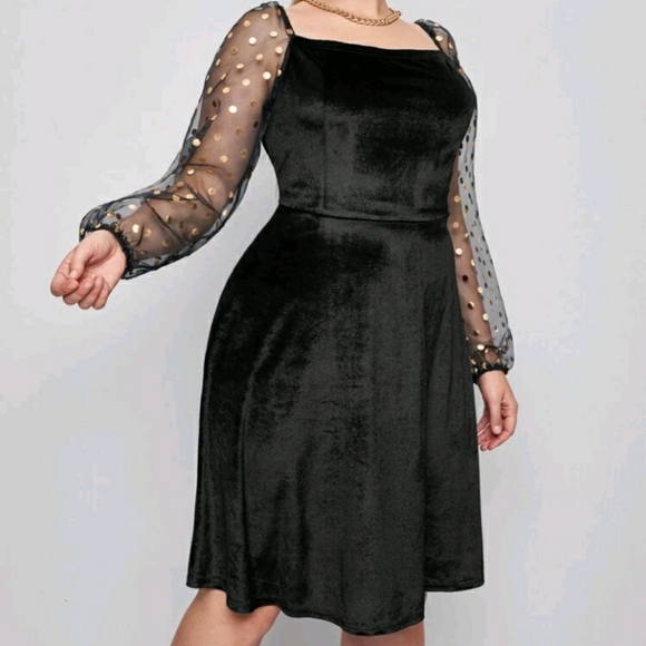 NEW Plus Black and Gold Mesh Velvet Dress - Picture 4 of 7